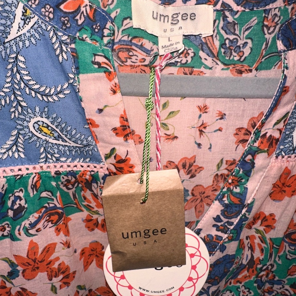 Umgee Mixed Floral Patchwork Tie-Waist Dress in Pink, Green & Blue - Picture 6 of 7